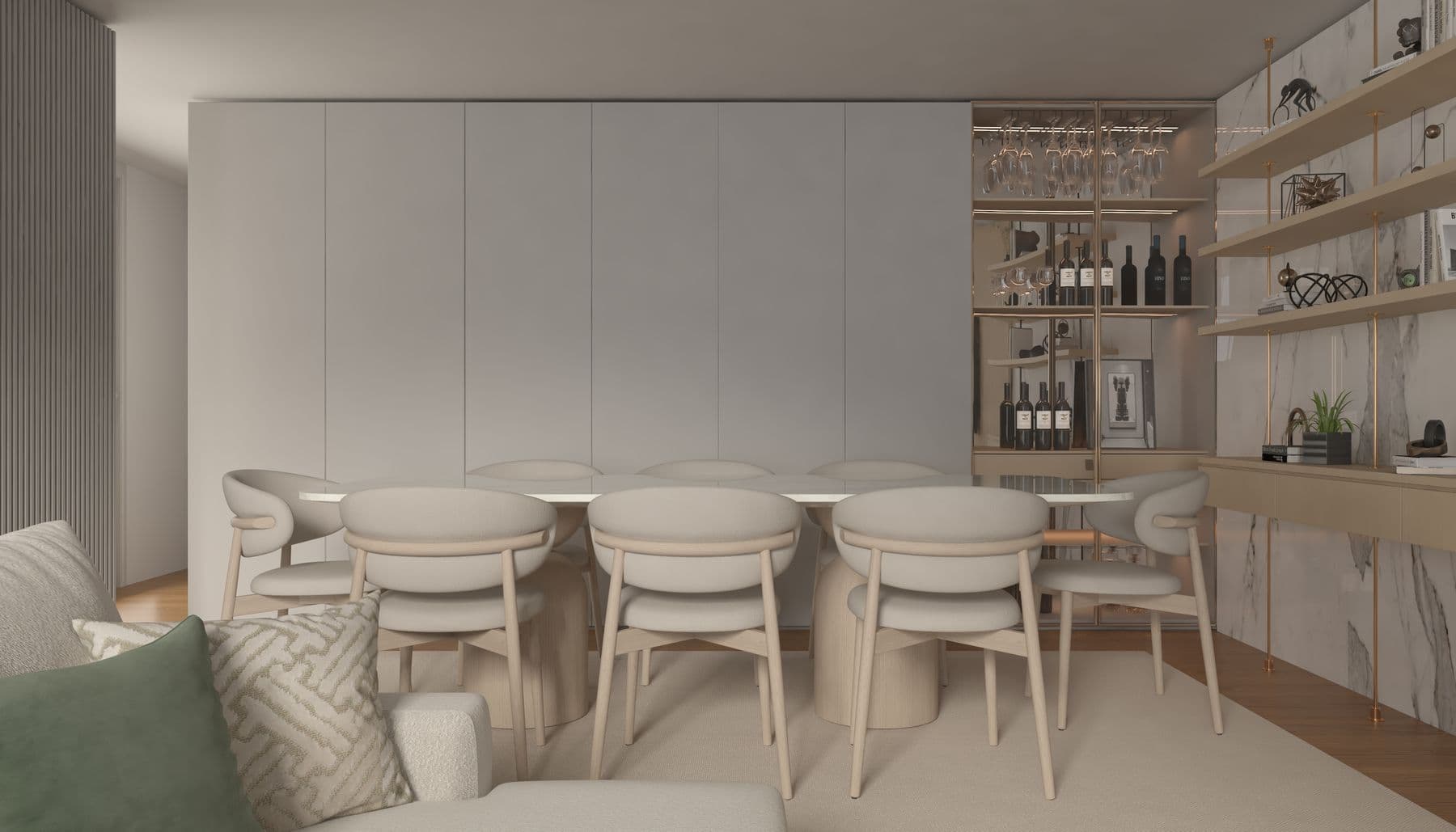 Dining table for six between the kitchen and the marina-side terrace doors